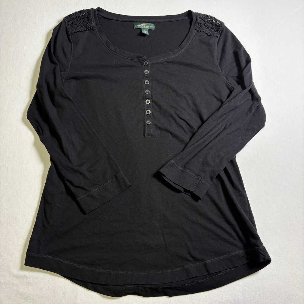 Lauren Ralph Lauren Henley Top Size L Black Crochet Lace 3/4 Sleeve Cotton